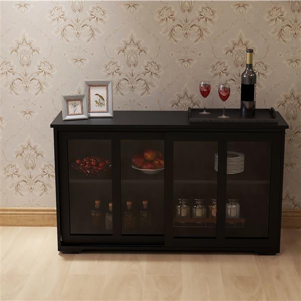 Modern Black Buffet Sideboard with Sliding Glass Doors - Multipurpose Kitchen Storage & Coffee Bar Cabinet