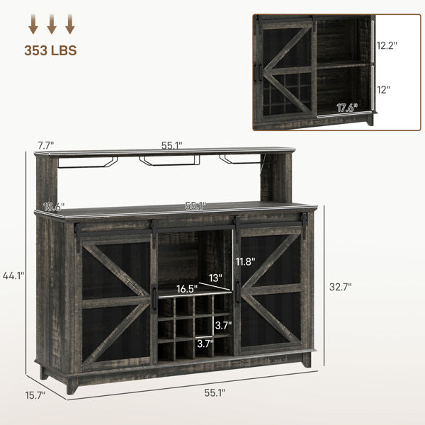 Modern Farmhouse Kitchen Storage Cabinet with Adjustable LED Lights & Coffee Bar Station - Industrial Sideboard Buffet